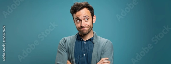 Fototapeta Portrait of a Guy with an "I Told You So" Expression Against a Pale Blue Studio Background