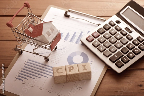 Obraz There are shopping carts, small houses, calculators, and letters CPI on the data chart