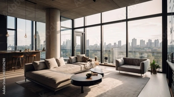 Fototapeta Modern City Apartment with Floor-to-Ceiling Windows