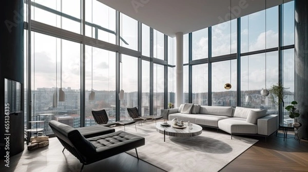 Fototapeta Modern City Apartment with Floor-to-Ceiling Windows