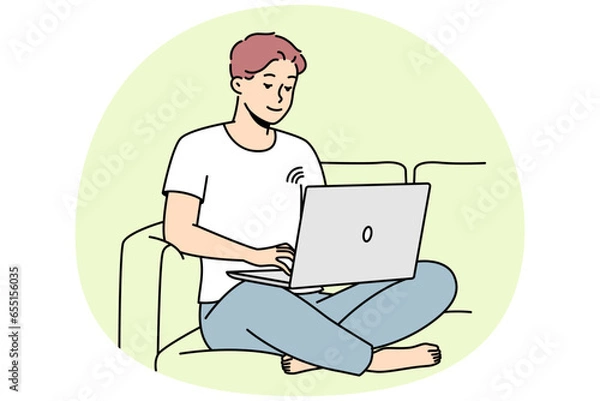 Fototapeta Smiling guy sit on couch working on laptop using wireless network. Happy young man relax on sofa browse internet on computer. Vector illustration.
