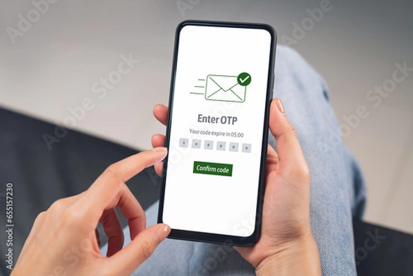 Fototapeta Hand using smartphone and mobile OTP secure verification on send to email with enter password for login banking account on on desk.