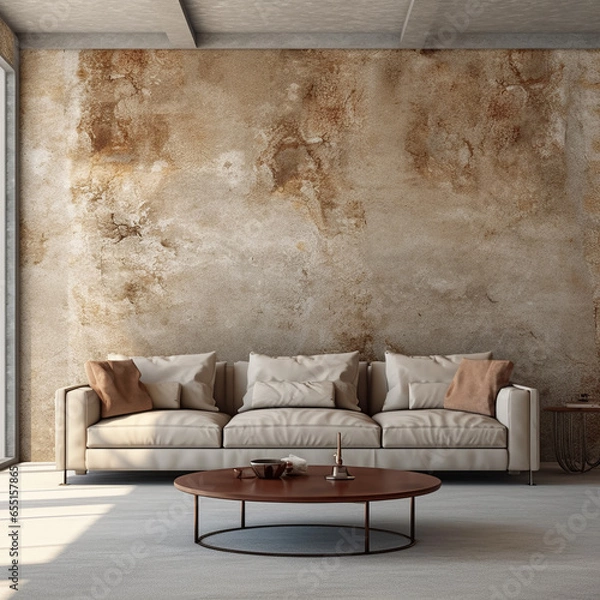 Obraz Terra cotta velvet sofa and wooden coffee table near blocks paneling wall. Loft style home interior design of modern living room.  Generative AI	
