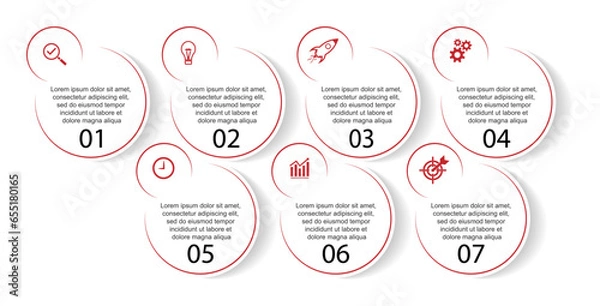 Fototapeta Business Infographic Design Template. minimal Timeline design with 7 marketing steps, options and icons. Vector linear infographic with seven circle connected elements. Can be used for your presentati