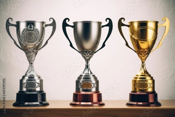 Obraz Gold, silver and bronze trophies. Ranked 1st, 2nd, 3rd, Generative AI