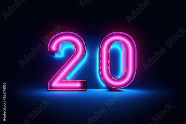 Fototapeta A glowing big twenty in neon colors against a dark background.