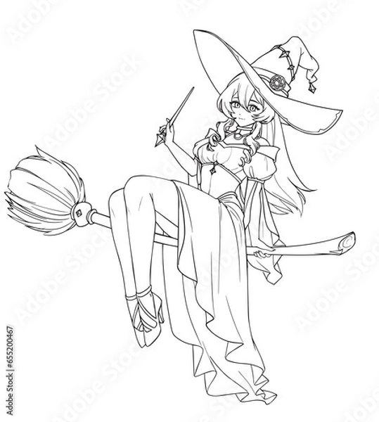 Fototapeta Cute anime witch. Hand drawn vector contour illustration for coloring book.