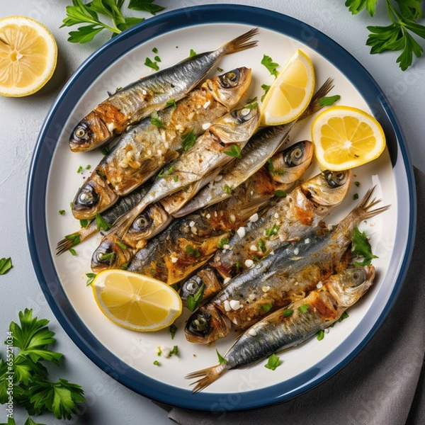 Fototapeta Sardines with lemon and parsley