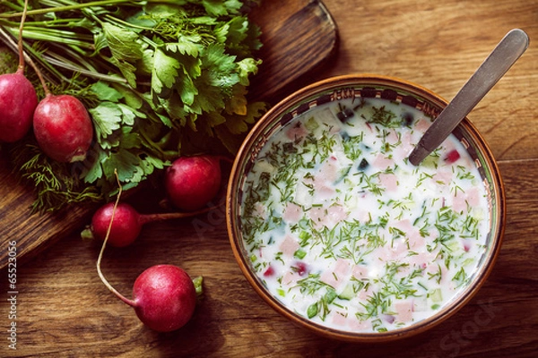 Obraz Vegetables radish and fresh Russian okroshka cold summer