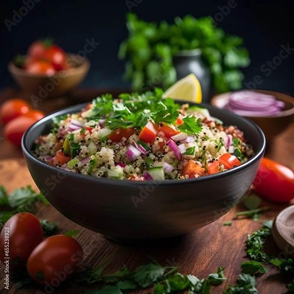 Fototapeta A colorful compilation of wholesome quinoa dishes designed for weight loss. Featuring vibrant salads, protein-packed bowls, and nutritious breakfast options, this image invites a journey to healthy 