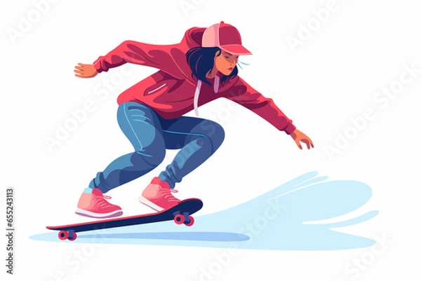 Fototapeta woman skateboarding vector flat minimalistic isolated vector style illustration