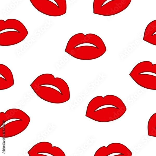 Fototapeta red lips kiss art drawn seamless pattern