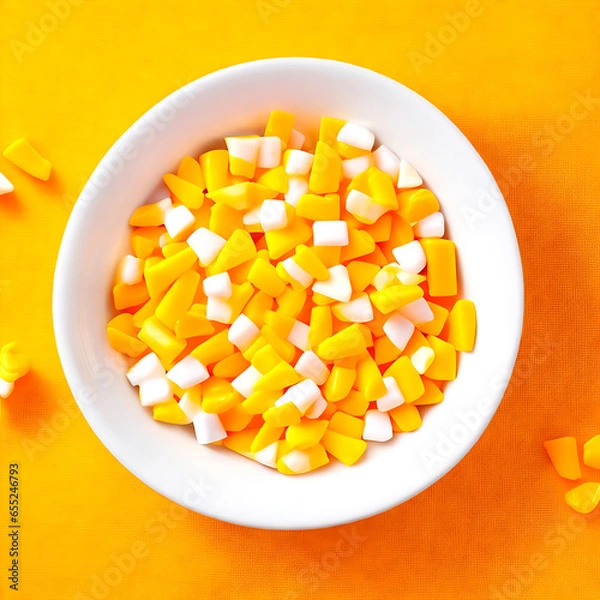 Obraz Bowl of Candy Corn on an Orange Background with Space for Copy.