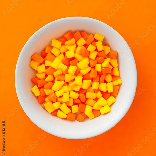 Obraz Bowl of Candy Corn on an Orange Background with Space for Copy.