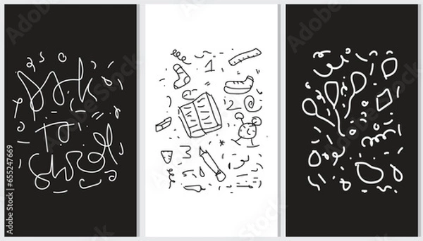 Obraz Fun black and white line back-to-school doodle seamless pattern set. Creative abstract style drawing background