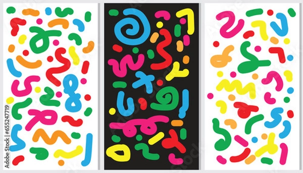 Obraz Set of fun colorful line doodle seamless pattern. Creative abstract art background collection for children or festive celebration design. Simple childish scribble wallpaper print texture bundle.