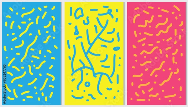 Obraz Set Fun Color line doodle seamless pattern, Creative abstract squiggle style drawing background for children, or trendy design with basic shapes. Simple childish scribble wallpaper print.