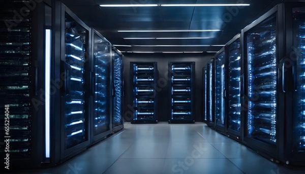 Fototapeta server room data center with rows of server racks. 3d rendering