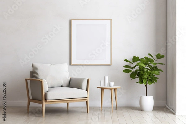 Fototapeta Blank picture vertical frame mockup on a stone white gray wall, boho style, modern, minimalist