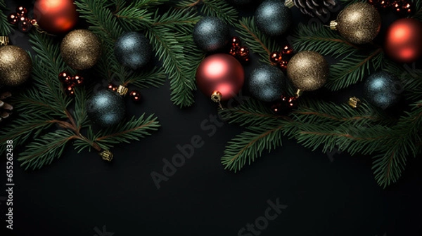 Obraz Christmas balls on branches of a Christmas tree on a dark background, Xmas Celebration, Generative Ai