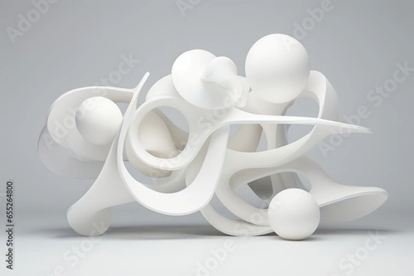 Fototapeta White abstract 3D figures, volumetric geometric compositions, podiums on a white, neutral background
