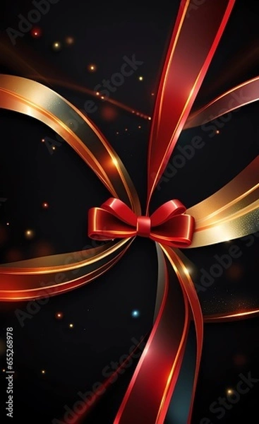 Fototapeta Bright gift bow on black background - AI generative art