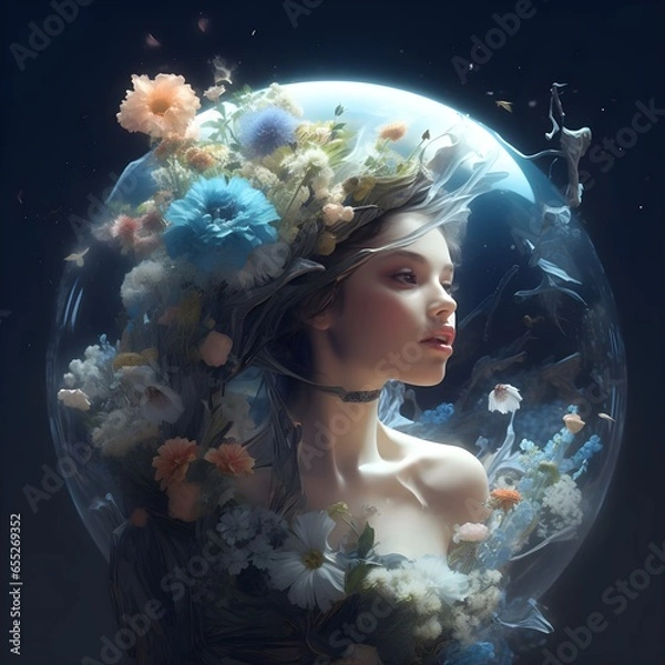 Fototapeta 宇宙を思わせる空間で透明な球体を背後に何かを語りかけようとしている花をまとった神秘的で美しい女性