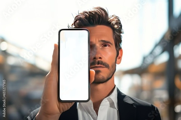 Fototapeta person holding a phone, mockup of person holding a mobile phone with blank screen