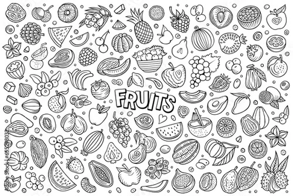 Fototapeta Cartoon Fresh Fruits objects and symbols doodle set