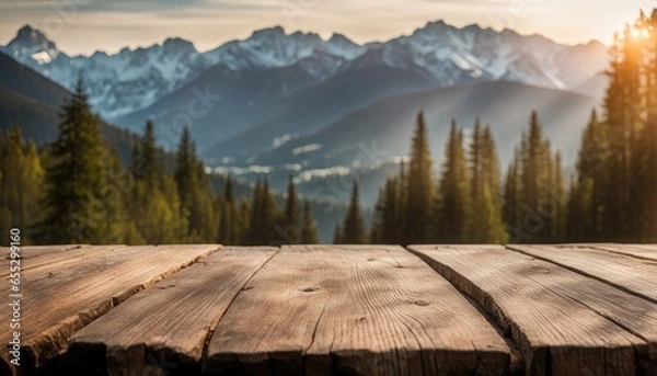 Obraz Empty Blank Rustic Old Wooden Table Top Boards with Snow Capped Mountains View Spruce Forest Nature Background National Park Landscape Backdrop Outdoors Mockup Product Display Showcase Montage Natural