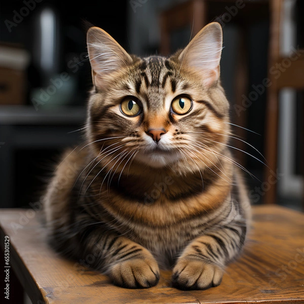 Fototapeta A cat sitting on a desk looking straight ahead