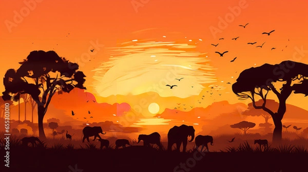 Fototapeta safari in sunset warm colors Generative AI