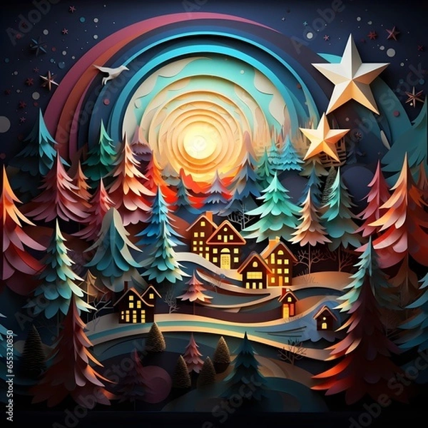 Fototapeta 幸福な朝を迎える聖なるクリスマスの夜明けに照らし出されるモミの木に囲まれた町