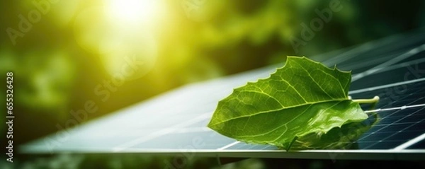 Fototapeta Panoramic close-up of a leaf over a solar panel with a green blurry background