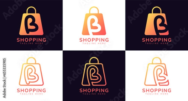 Fototapeta Set of initial letter B shop logo. This logo combines letters and shopping bag using bright gradation colors. Perfect for shops, ecommerce, sales, web store elements and companies related to commerce.