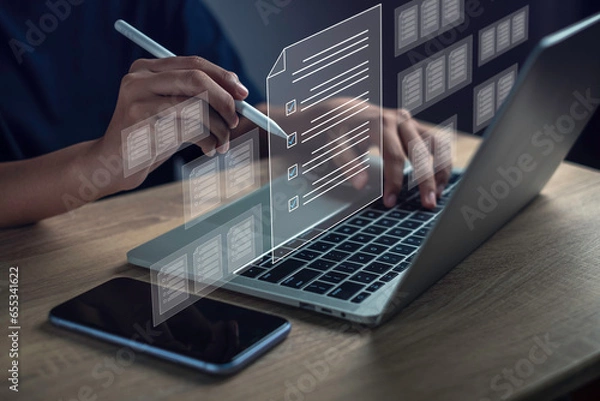 Fototapeta Document management checklist digital online form concept. Online survey filling out and digital survey and business approve project. Businessman using pen to tick correct sign mark in checkbox.