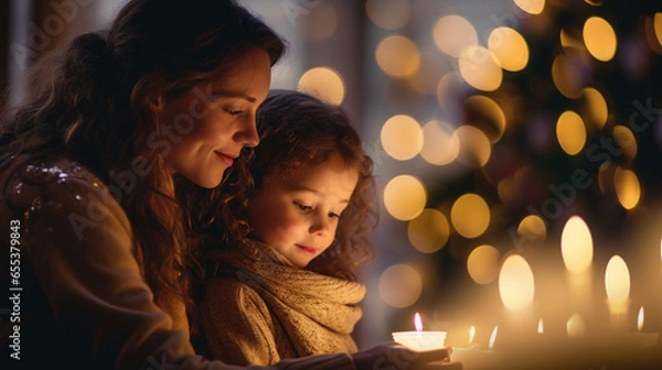 Fototapeta A mother and child lighting an Advent candle with warm, inviting bokeh, spiritual practices of Christians, bokeh