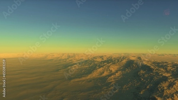 Fototapeta Mars like red planet, with arid landscape, rocky hills and mountains, for space exploration and science fiction backgrounds.
