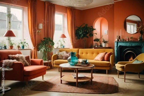 Fototapeta a scandinavian style living room in an English semi-detached house. Generative AI.