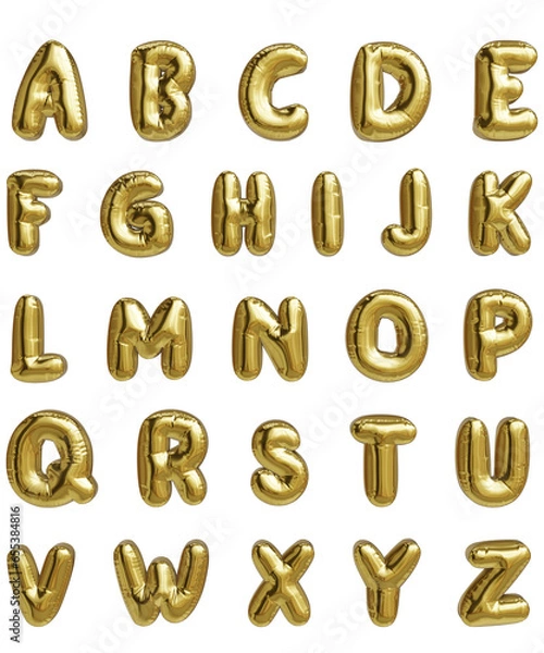 Fototapeta Golden alphabet letters in 3d metallic balloon shape. Plump font.