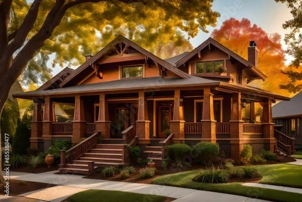Fototapeta a picturesque American Craftsman bungalow nestled on a tree-lined street during a vibrant sunset - AI Generative