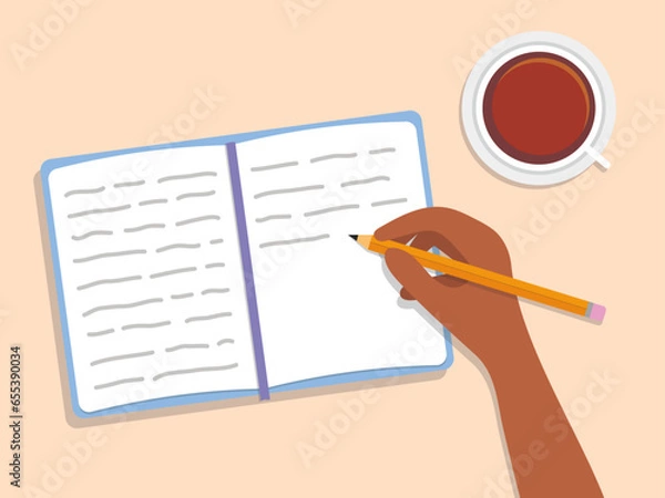 Fototapeta Self-care journaling illustration. Hand writing notes in self care journal, notebook or gratitude diary. 