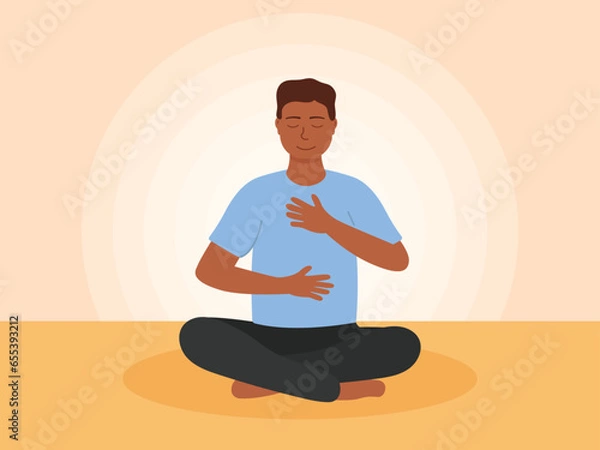 Fototapeta Breathing exercise flat vector illustration. Man sitting in a meditation pose practicing breath work. Deep breathing and diaphragmatic breathing practice. 