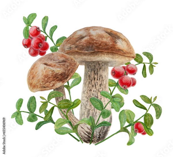 Fototapeta Watercolor hand drawn compostion of forest wild berries and mushrooms. Realistic botanical illustration of red juisy cranberry and boletus. Great for printing on fabric, postcards, invitations, menus