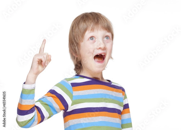 Fototapeta Boy Points up his Finger, Has an Idea