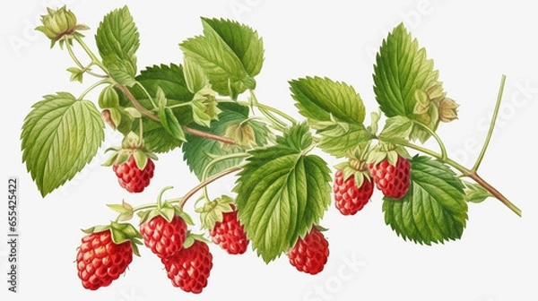 Obraz Raspberries and Flowers on a Branch, Watercolor Painting