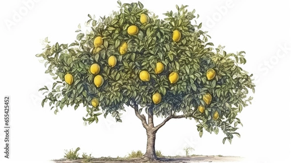 Obraz Lemon Tree with Lemons on the Ground, Watercolor Painting