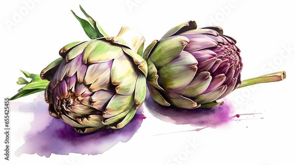 Obraz Artichokes on white surface, Watercolor Painting