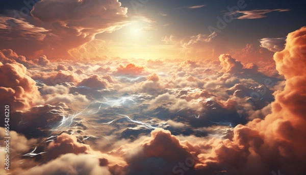 Fototapeta Clouds in the sky create a dramatic sunset, a vibrant landscape generated by AI