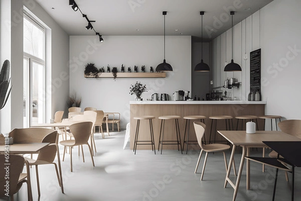 Fototapeta The interior of a cozy, small coffee shop with white walls, large windows with wooden tables and chairs.